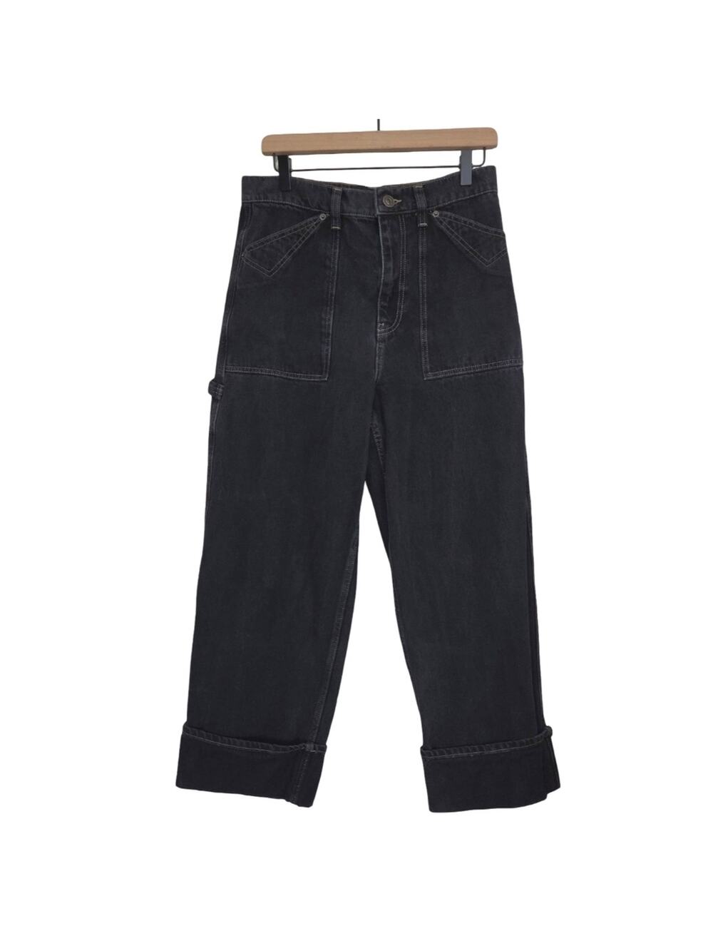 BDG | Straight Leg Cuffed Carpenter High Waist Ankle Jeans in Black Fade Wash
